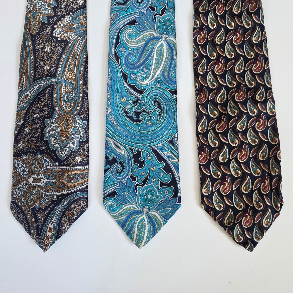 Lot of 3 Mens Silk Paisley Neckties Blue Navy Brown Handmade Formal Business Tie